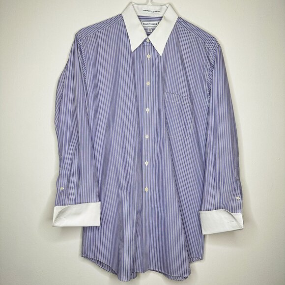 Paul Fredrick‎ Purple Striped Men's Dress Shirt Trim Fit White French Cuffs - Picture 1 of 9